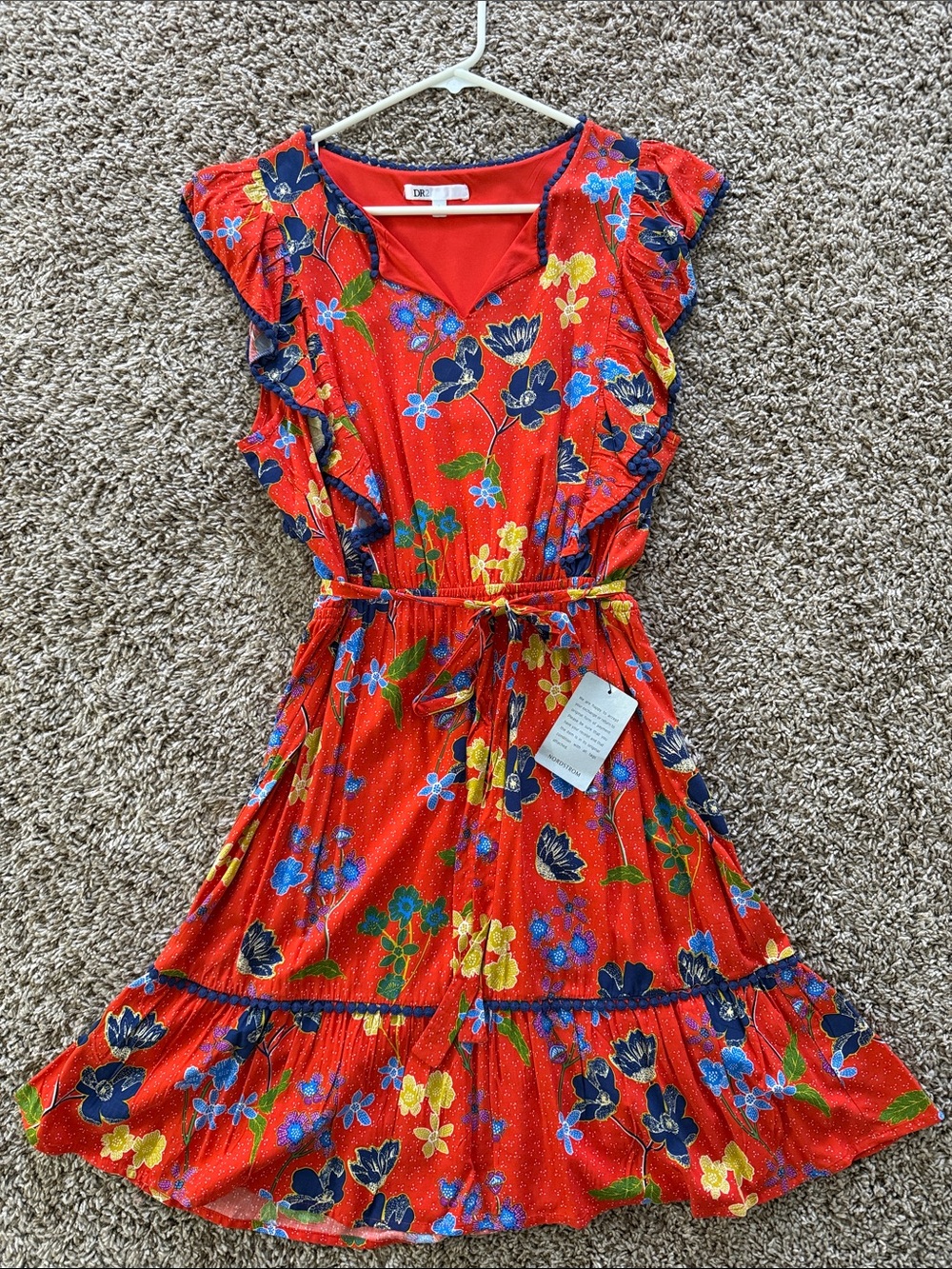 NWT🌷 DR2 Mini Dress Red Floral Ruffle Sleeve Tie Waist Sz L
